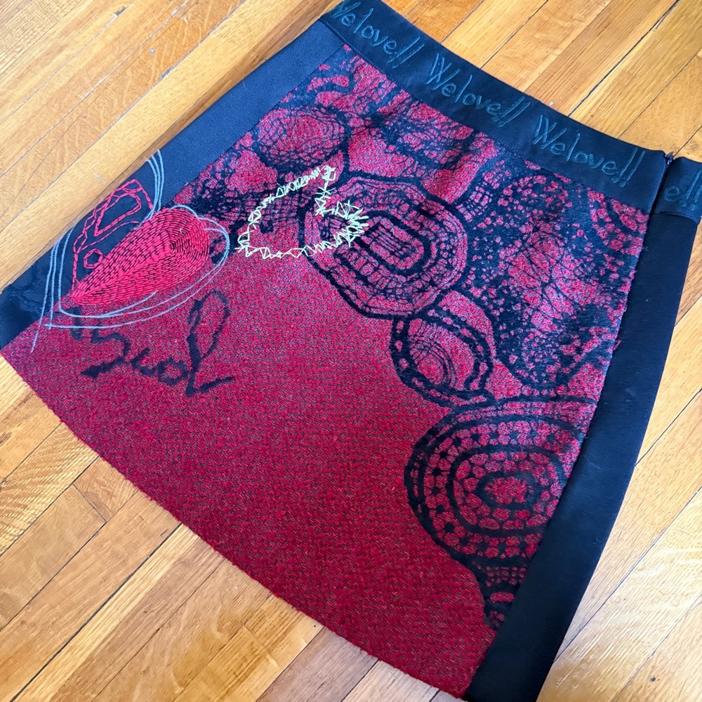 Desigual Red and Black Patterned Mini Skirt